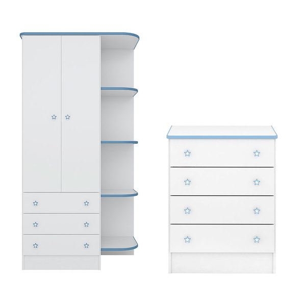 Quarto Para Bebê Guarda Roupa E Cômoda Doce Sonho Branco E Az