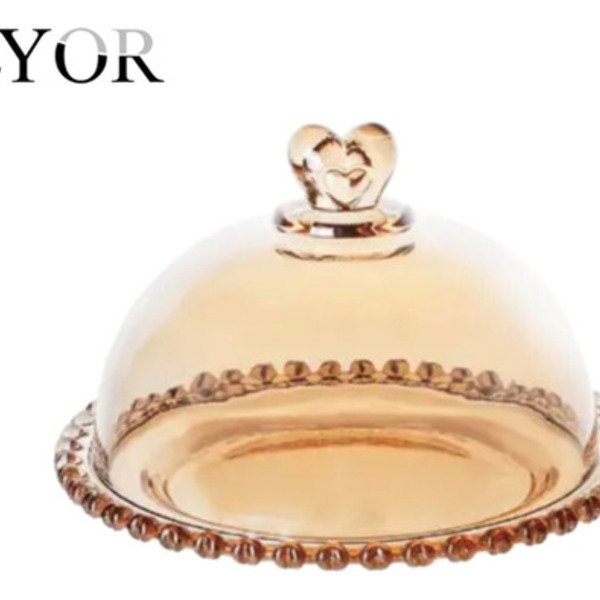 Queijeira Cristal Coração Âmbar Lyor Presente Mesa Posta