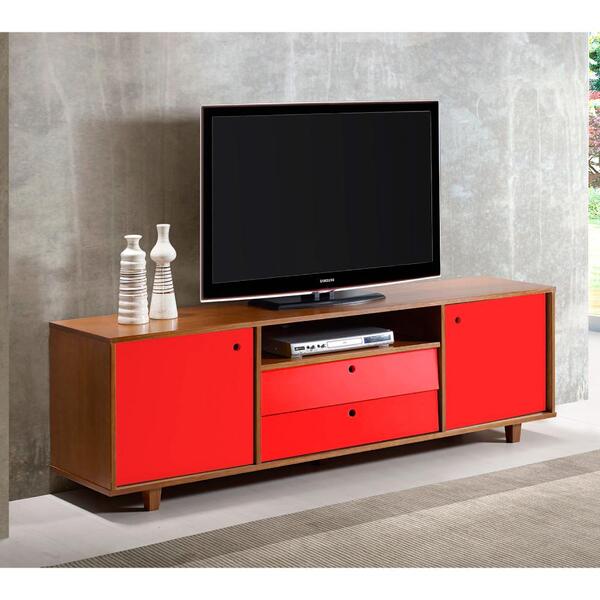 Rack 2 Portas 2 Gavetas E 1 Nicho Vintage - Nogal/ Vermelho