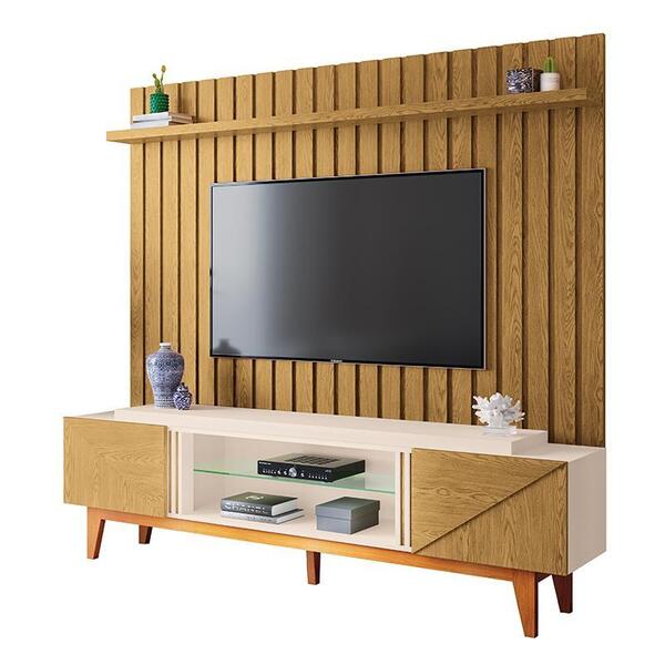 Rack Bancada Lift Com Painel Link 2.0 Ripado Para Tv Até 70"