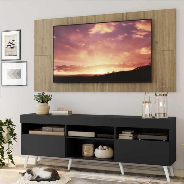Rack C/ Painel Tv 65" Preto/rustic Londres Multimóveis Pés Re