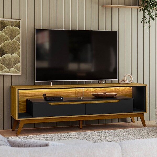 Rack Com Led P/ Tv 65 Polegadas 175cm Duo Pés Madeira Cedro/p