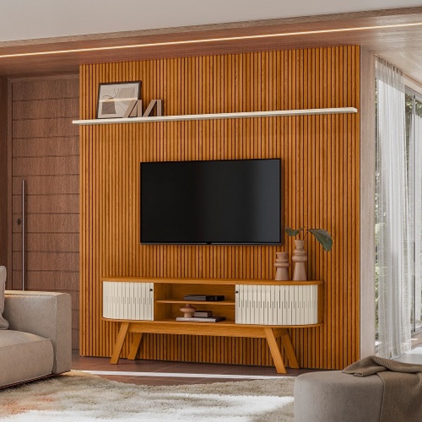 Rack Com Painel New Laguna Cinamomo/off White - Madetec Móveis