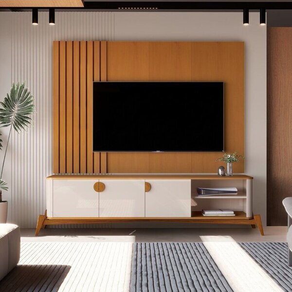 Rack Com Painel Para Tv Até 70 Polegadas Ripado Pés Em Madeir