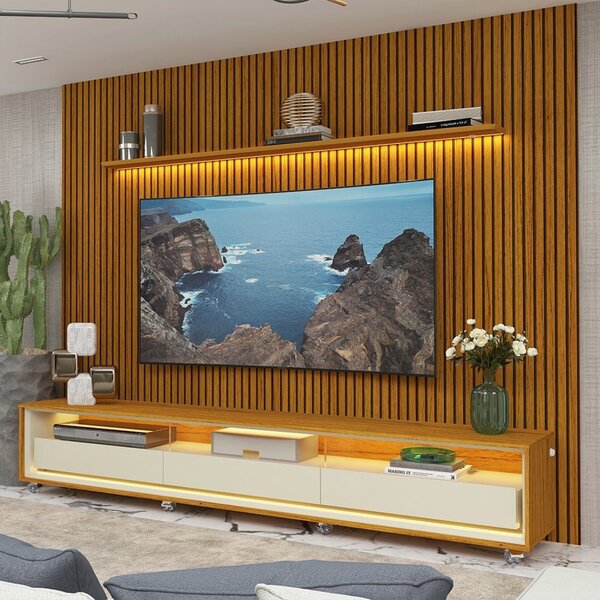 Rack Com Painel Para Tv Até 85 Polegadas Led 3 Gavetas Com Ro