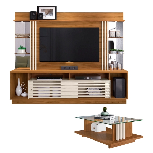 Rack Com Painel Para Tv Com Espelho E Mesa De Centro Smart Na