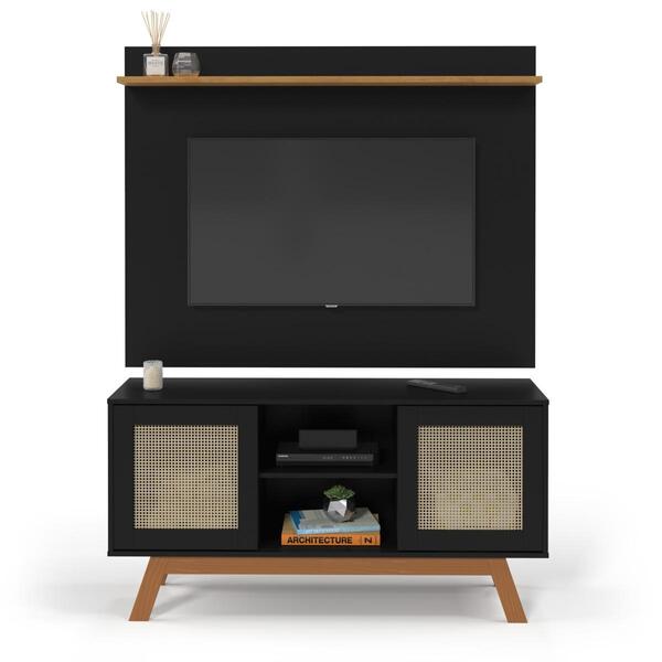 Rack Com Painel Rattan Portas De Correr Preto Ofertamo Móveis