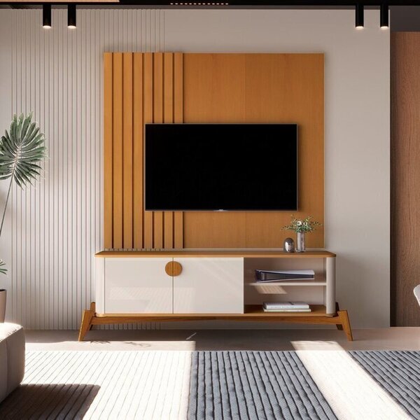 Rack Com Painel Ripado Para Tv Até 58 Polegaas Buriti Com Pés