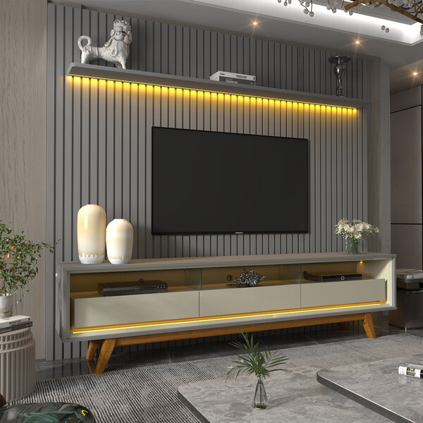 Rack Com Painel Ripado Para Tv Até 85 Polegadas Com Led E Vid