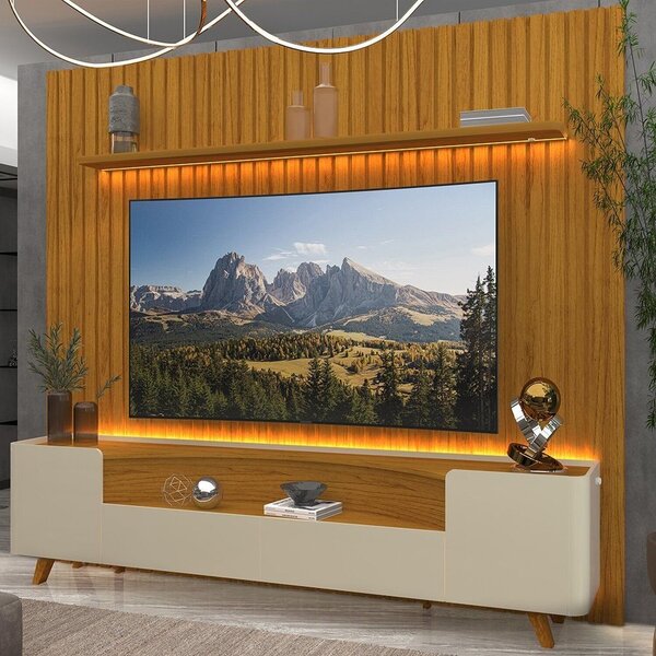 Rack Com Painel Ripado Para Tv Até 85 Polegadas Led Pés Madei