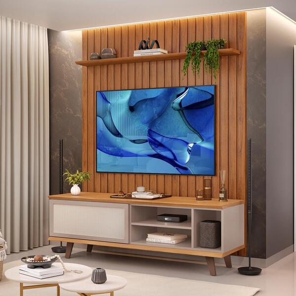 Rack Com Painel Ripado Tv Até 60 Polegadas Carvalho Nobre Gri