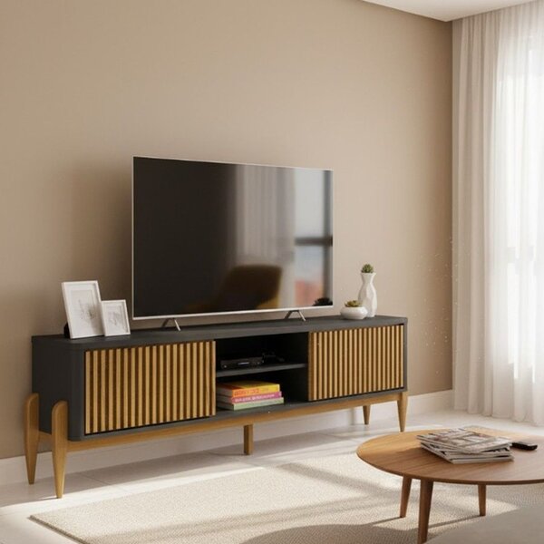 Rack Com Pés Em Madeira Maciça Tv 65 Polegadas Com Ripado 2 P