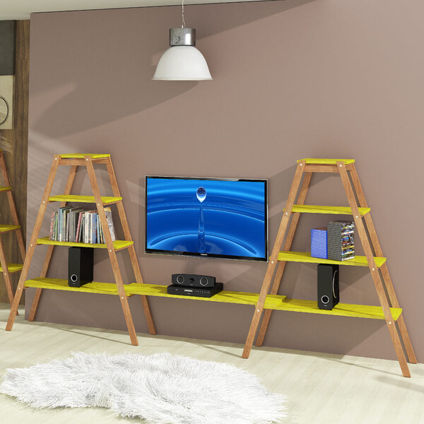 Rack De Sala Com Prateleiras Em Madeira Eucalipto - Stain Jat