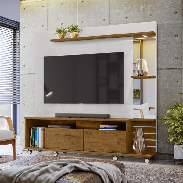 Rack E Painel Para Tv Com Rodízios Lass Off White Canela