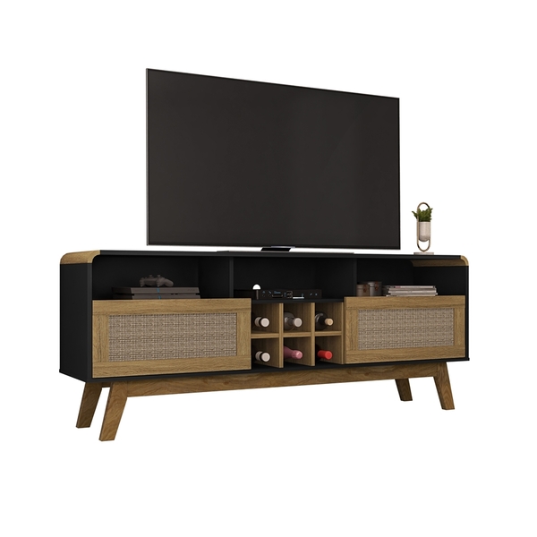 Rack Larimar Preto Fosco/cinamomo/rattan – Bechara Móveis