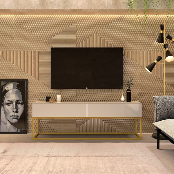 Rack Off Com 2 Gavetas Com Pes De Ferro Na Cor Dourado