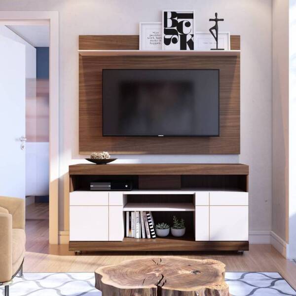 Rack Painel França 136cm Tv 47" Nogueira Real Off White Bnn D