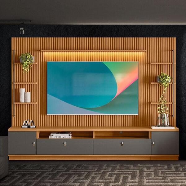 Rack Para Sala Com Painel Ripado Modulado 75 Polegadas Nature