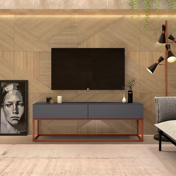 Rack Para Sala Estilo Indutrial Com 2 Gavetas Cinza/cobre