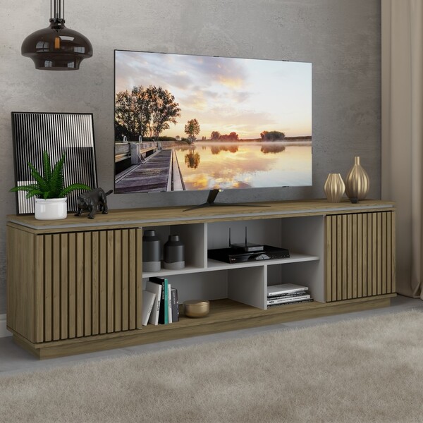 Rack Para Tv Até 75 Polegadas 2 Portas Harmonia Ripado Mel/ci