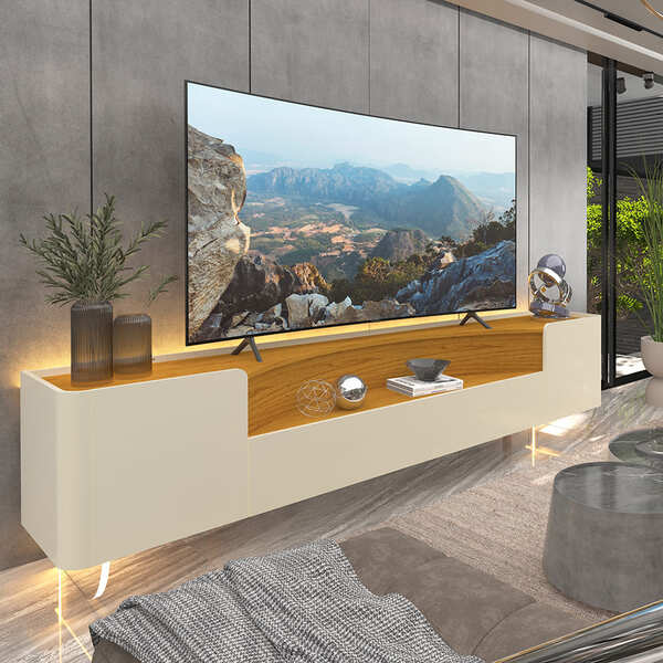 Rack Para Tv Com Led Pés Vidro Infinity 230 Off White Natural