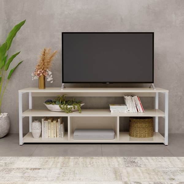 Rack Para Tv Retrô Estilo Industrial Com Pés De Ferro Off Whi