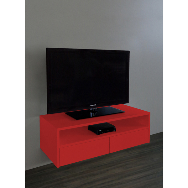 Rack Para Tv Suspenso Bancada Com Nicho E Gaveta Vermelho Laca