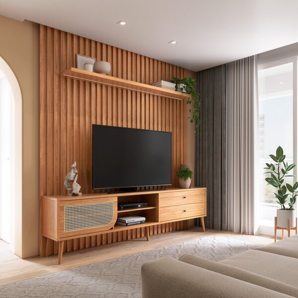 Rack Retrô Com Painel Para Tv 75 Polegadas Ripado Com Fita Le