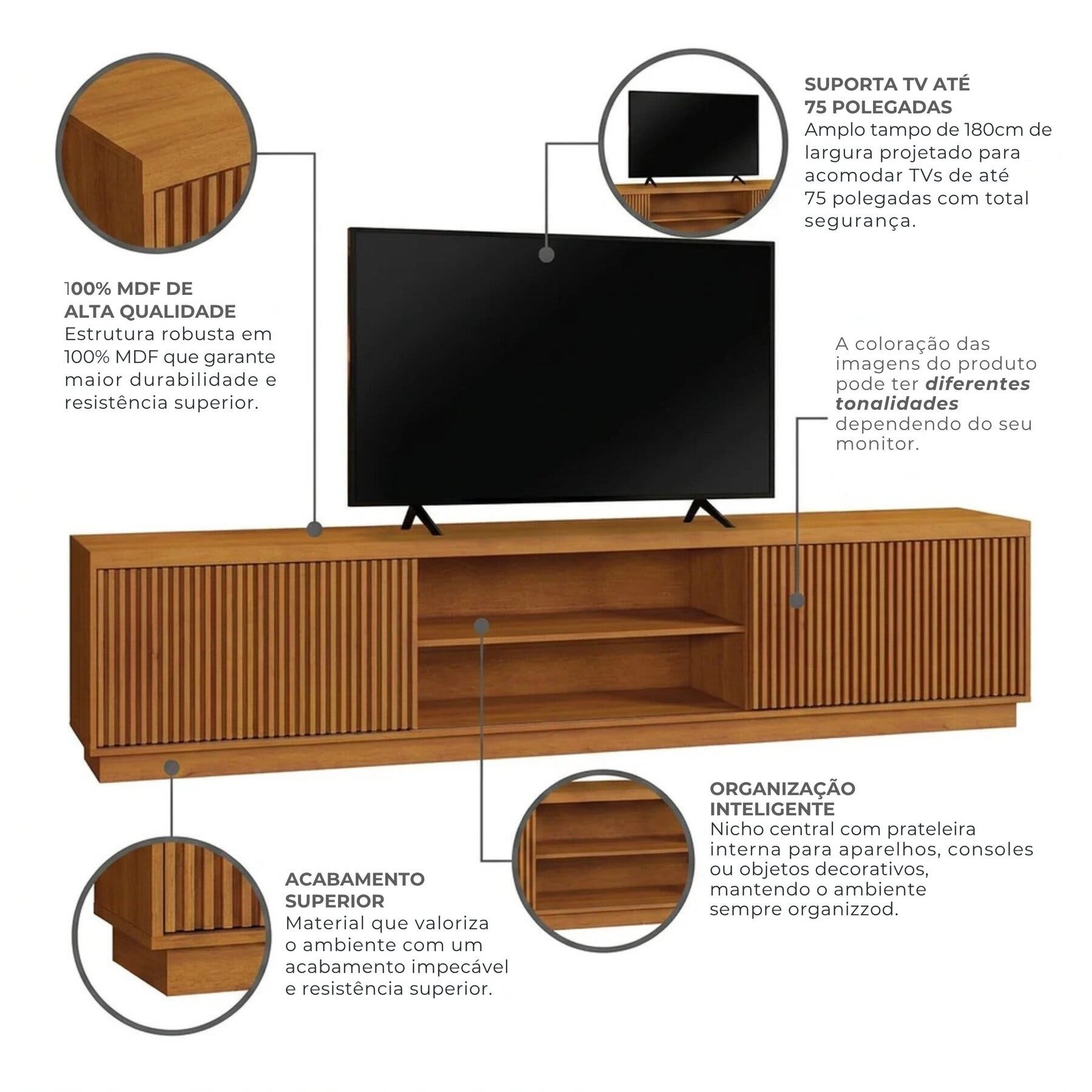 Rack Ripado Para Tv Até 75 Polegadas 100% Mdf 180cm 2 Portas Logan