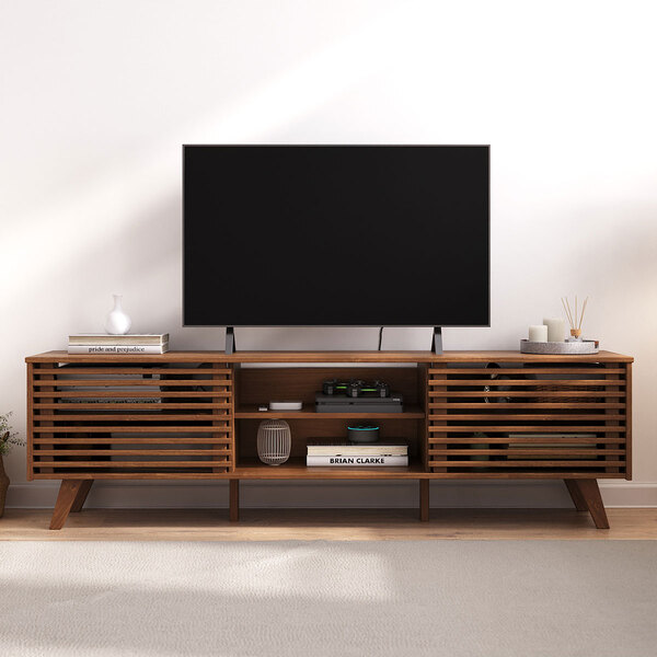 Rack Ripado Sala Tv 75 Bancada Madeira 2 Portas Castanho Rian