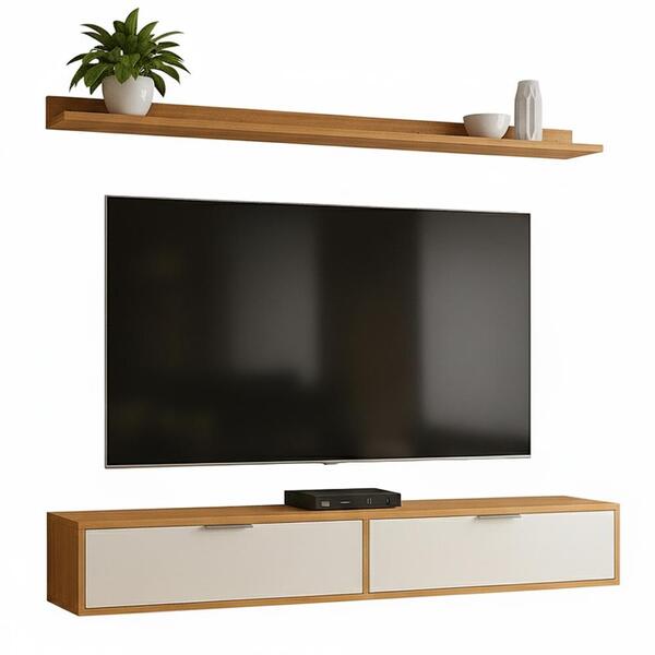 Rack Tv 75 Pol. Suspenso 180cm 2 Portas Lila Branco/cinamomo