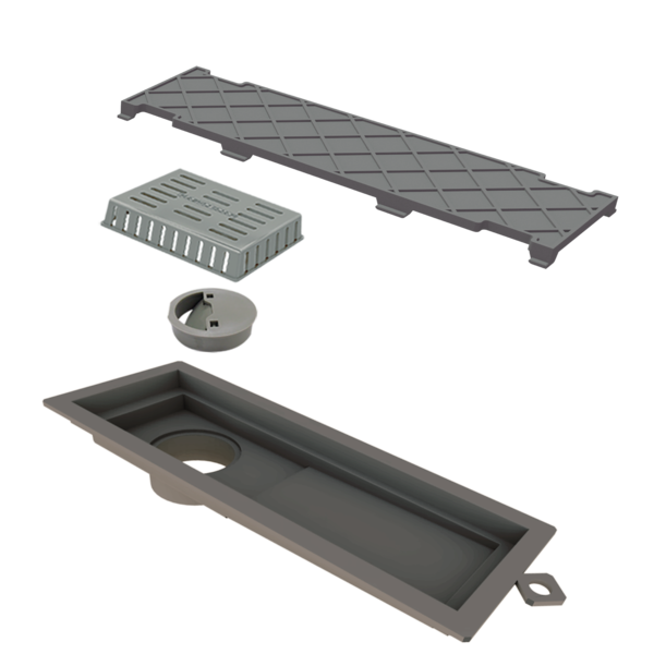 Ralo Linear Oculto de Banheiro 10x27,3cm Anti-Inseto e Anti Odor PVC Cinza Retangular Novii