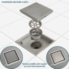 Ralo Oculto Inox 11x11 Tampa Invisível Quadrado Antiodor Para