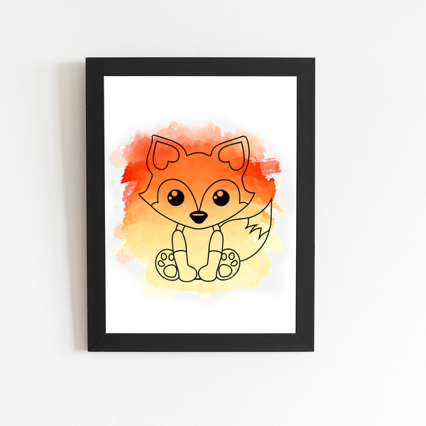 Raposa Animal Laranja Infantil Quadro Moldura Preta 60x40cm