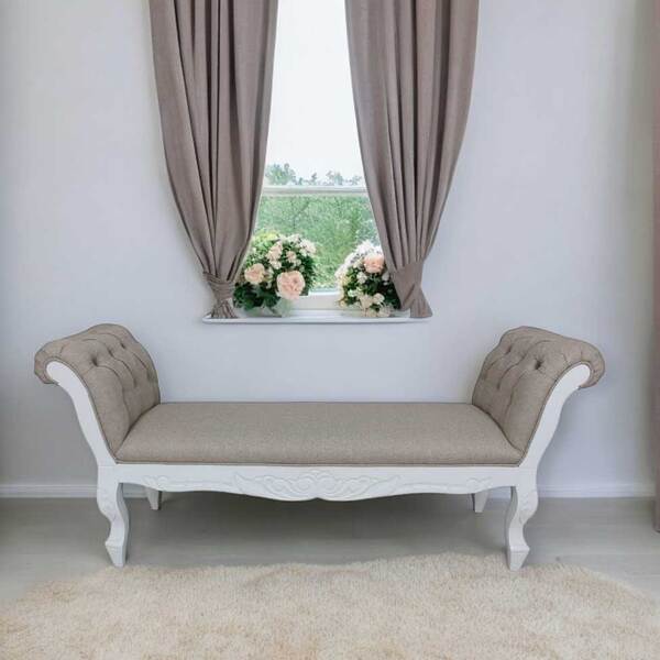 Recâmier Clássico Entalhado Capitonê Branco Brilho E Linho Be