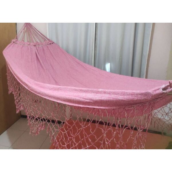 Rede De Dormir Casal Grande G Jeans Liso Rosa Com Babado