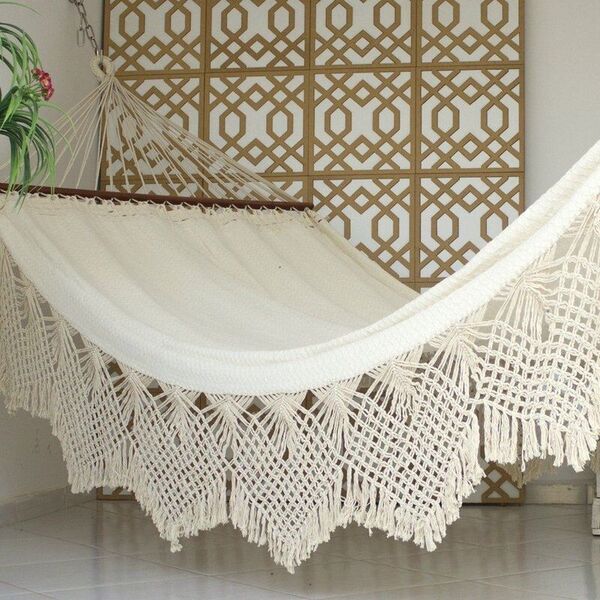 Rede De Dormir Casal Ostra Bege Com Madeira