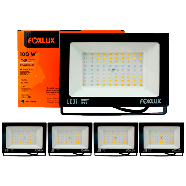 Refletor Led Foxlux 100w Bivolt 3000k Preto Kit 5 Un