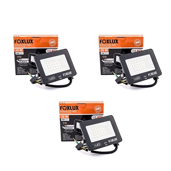 Refletor Led Foxlux 30w Bivolt 6500k Kit 3 Un