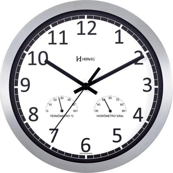 Relógio De Parede Alumínio Higrômetro E Termômetro Branco Her