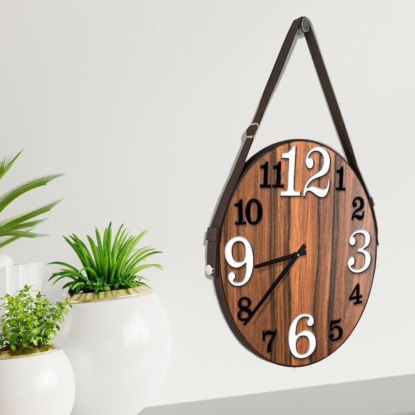 Relógio De Parede Premium Amadeirado Com Alça E Números Em Re