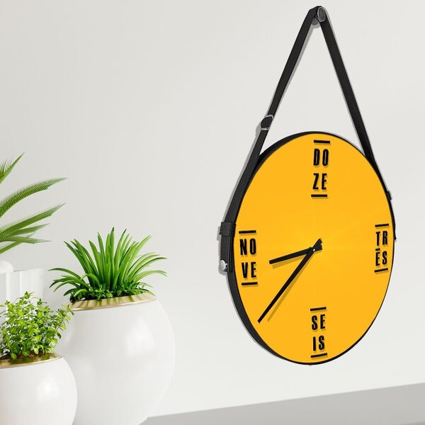 Relógio De Parede Premium Amarelo Com Alça E Palavras Em Rele