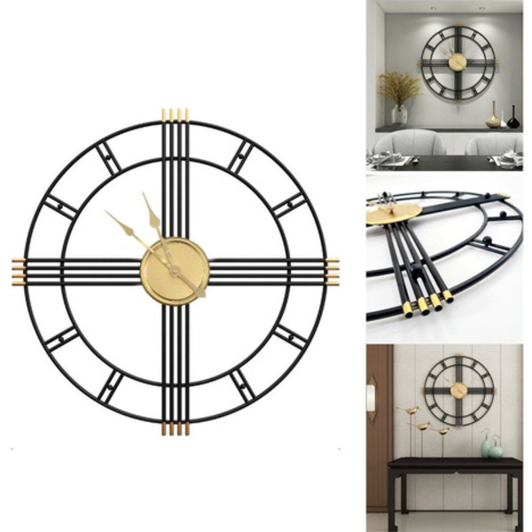 Relógio De Parede Preto Dourado Design Europeu 50cm Vazado Pr