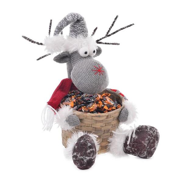 Rena Decorativa Chifre Graveto Com Cesto Em Palha 22cm Enfeit