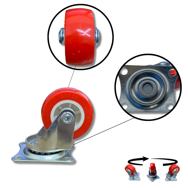 Rodízio Rodinha Giratório Placa Base Aço Roda Pp Vermelho Diâ