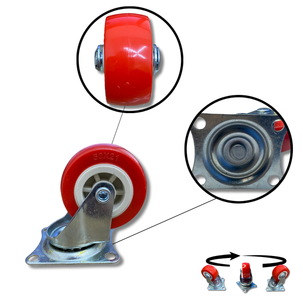 Rodízio Rodinha Giratório Placa Base Aço Roda Pp Vermelho Diâ