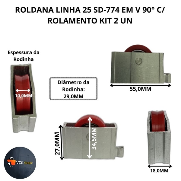 Roldana Porta Janela Linha 25 Sd-774 Em V 90° C/ Rolamento Kit 2