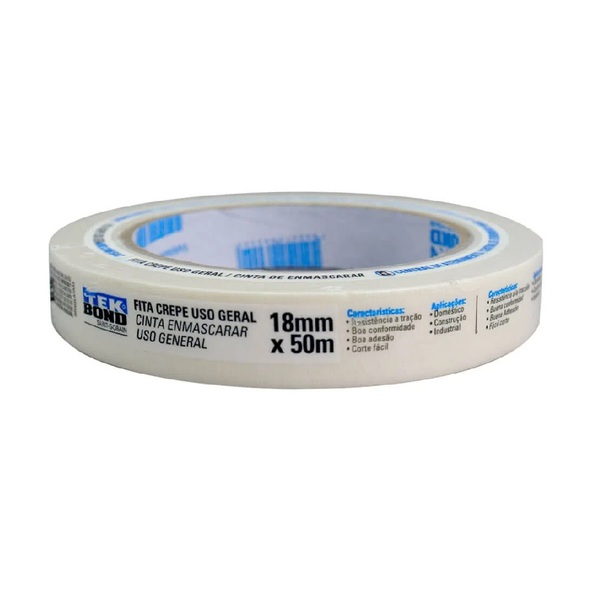 Rolo Fita Crepe Adesiva 18mmx50m Uso Geral Doméstica Tekbond