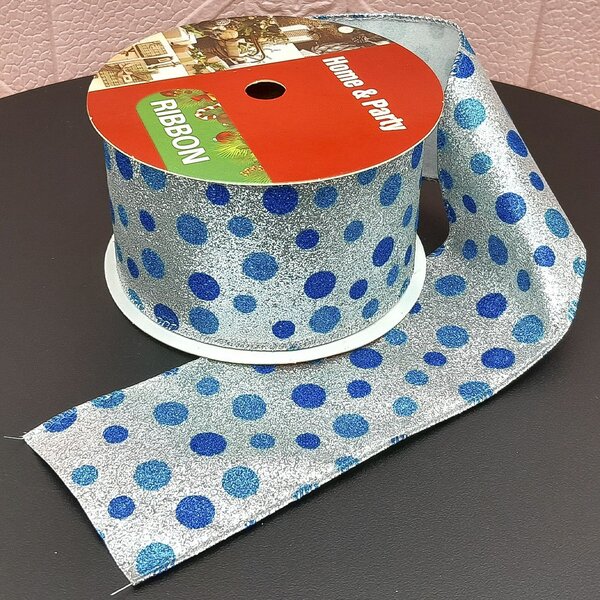 Rolos Fita Aramada Natalina Bolinhas Azul 6,3cm 9m Kit 4pçs