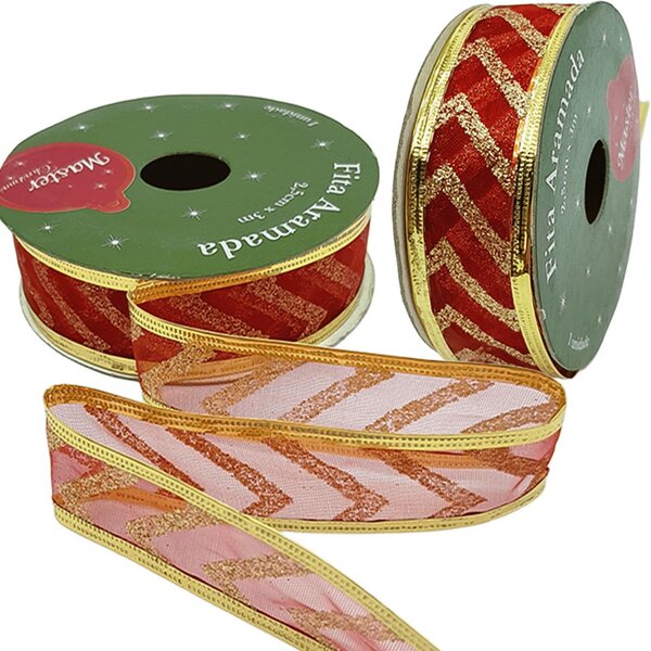 Rolos Fitas Aramada Enfeite Natal Gliter 2,5cm 3m Kit 12pçs